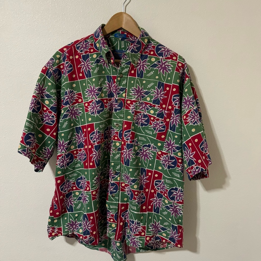 Vintage 80s Pendleton Hawaiian Aloha Shirt Red Green Purple Tropical Cotton-XL